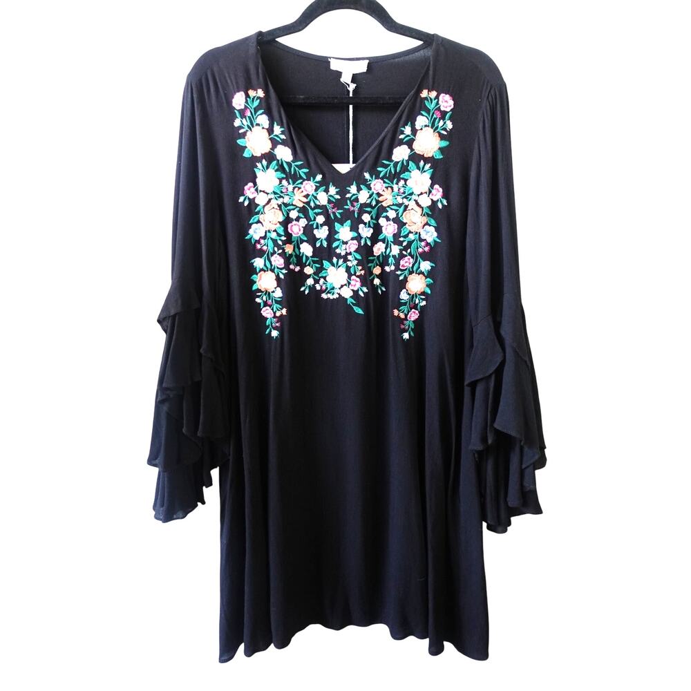 Umgee Womens Floral Embroidered Dress Small Black Layered Ruffle‎ Cover Up Tunic